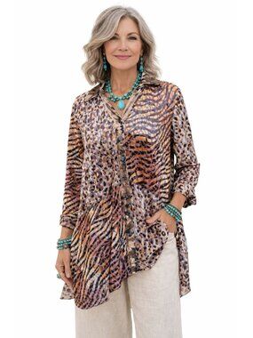 NWT Ali Miles Velour Burnout Mixed Animal Patchwork Print Blouse Artsy Boho M